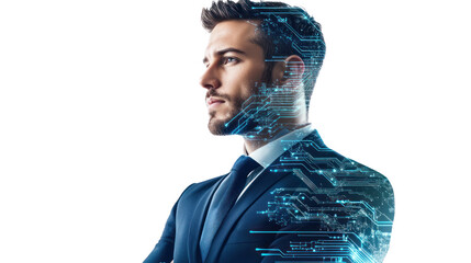 Professional man in suit with digital technology overlay, futuristic and innovative concept, isolated on white.