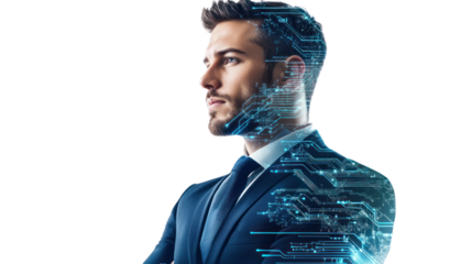 Professional man in suit with digital technology overlay, futuristic and innovative concept, isolated on white.