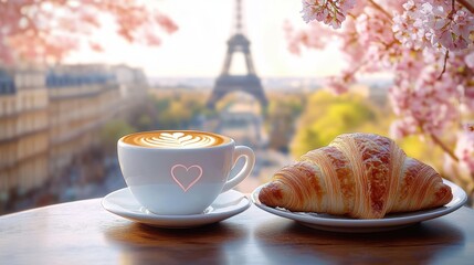 A cup of coffee with latte art and a croissant on a table with cherry blossoms and a blurred Eiffel Tower in the background during a bright day
