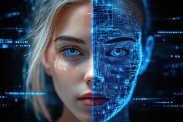 Close-up of a young woman's face with one half natural and the other half overlaid with glowing blue circuit patterns and digital elements, symbolizing a blend of human and technology
