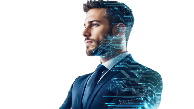 Professional man in suit with digital technology overlay, futuristic and innovative concept, isolated on white.