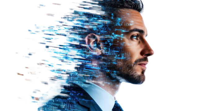 Professional male in a suit with digital effects, symbolizing innovation and modern technology