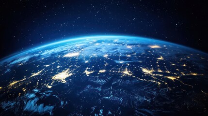 Obraz premium Earth at night, space view, city lights, global, background stars, website banner