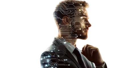 Profile of a man deep in thought, overlaid with digital circuitry, representing innovation and technology.