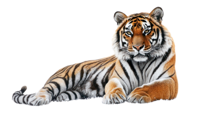 Realistic illustration of a tiger lounging on a white background.