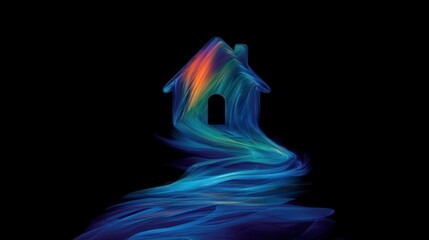 An abstract house shape formed from a series of colorful wavy lines is an innovative real estate concept, modern architecture, or an environmentally friendly company.