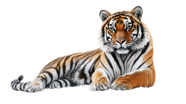 Realistic illustration of a tiger lounging on a white background.