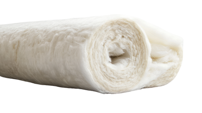 Roll of white insulation material, isolated on white background.