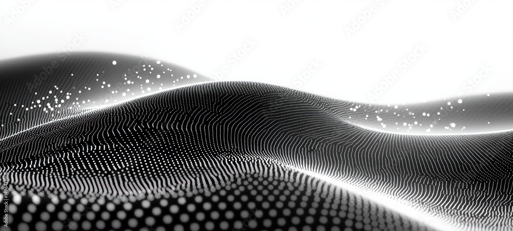 Poster abstract digital landscape composed of dynamic flowing wave-like structures made from numerous glowi