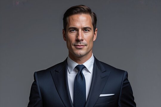 Professional Male Executive Portrait in Stylish Suit on Modern Gray Background