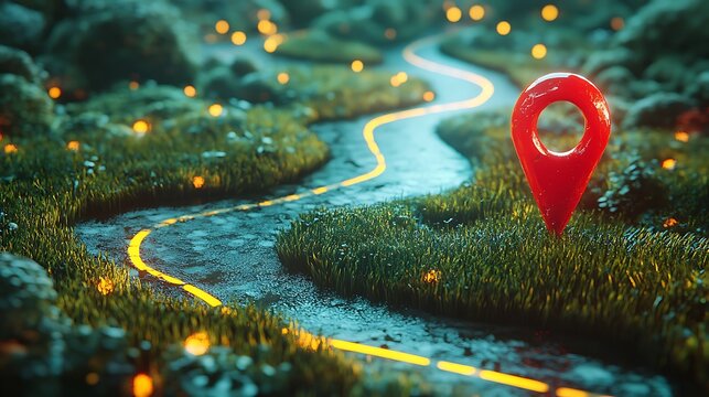 A winding path illuminated by glowing lights, marked by a red location pin.