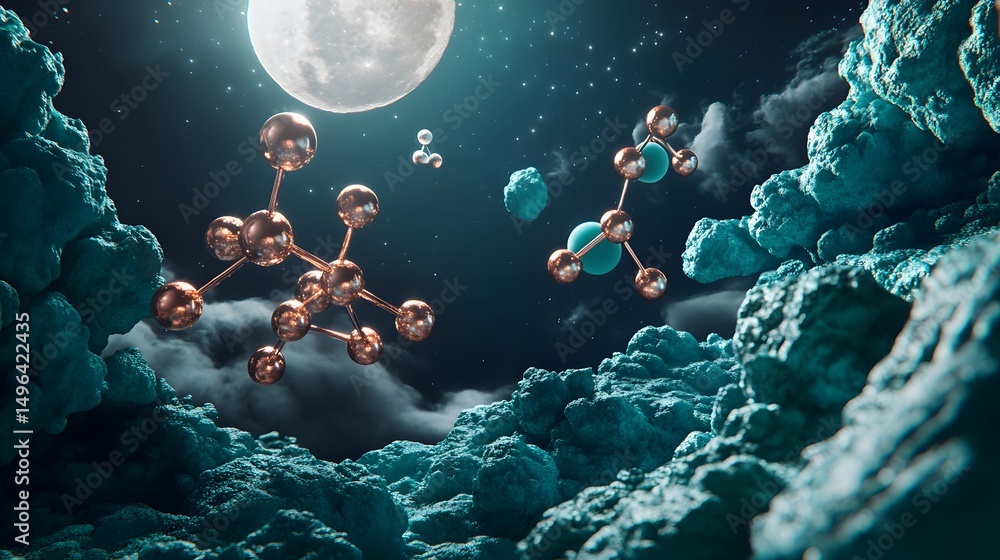 Poster cosmic landscape of floating metallic structures.