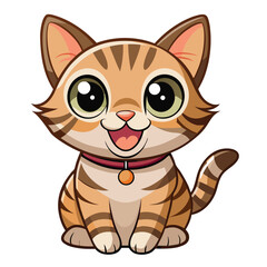 A happy tabby kitten with wide eyes and its tongue slightly out looks directly at the viewer  a white background.