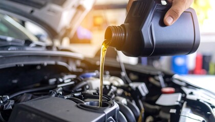 Car Engine Oil Change: Mechanic Pouring Fresh Motor Oil into Vehicle