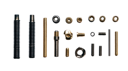 Variety of bolts, nuts, and screws arranged neatly on a white isolate background.