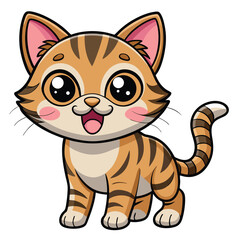 A happy tabby kitten with wide eyes and its tongue slightly out looks directly at the viewer  a white background.