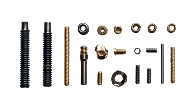Variety of bolts, nuts, and screws arranged neatly on a white isolate background.