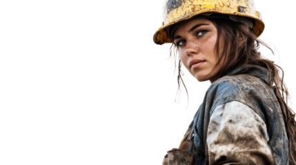 Woman construction worker with a yellow hard hat, looking back, dirt on her clothes, isolated background.