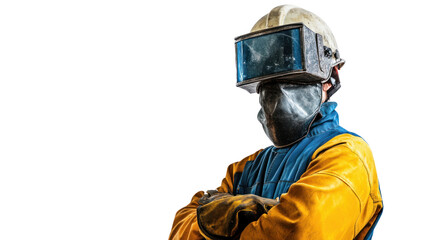 Welder in protective gear, arms crossed, confident pose against a white background.