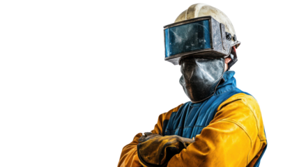 Welder in protective gear, arms crossed, confident pose against a white background.