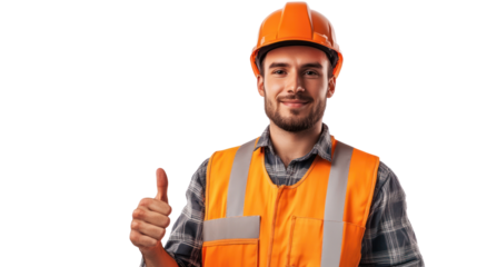 Worker smiling with safety helmet and vest, positive attitude, construction site, isolated background.