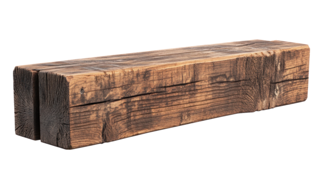 Wooden beam, rustic texture, wood grain, isolated on white background.