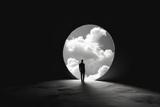 Silhouette of a person walking toward a large circular opening revealing bright cloudy sky, contrasting light and shadow in a dark tunnel