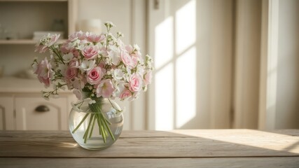 Delicate Pink and White Flowers in a Glass Vase on Wooden Table