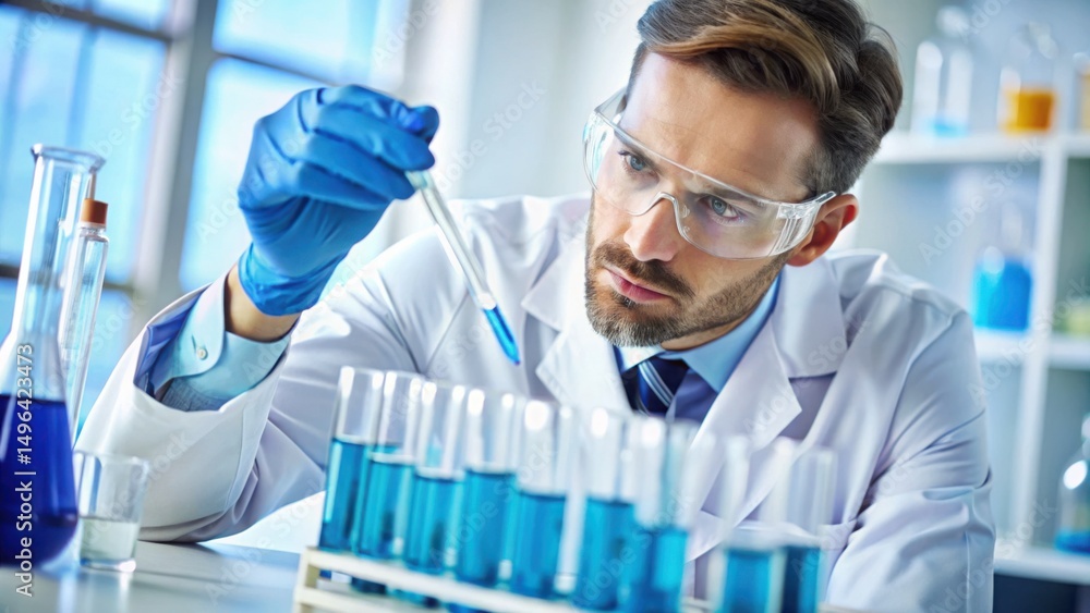 Poster scientist examining test tube with blue liquid in laboratory setting