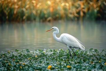 Obraz premium elegant white heron standing among green aquatic plants with yellow flowers in calm water near blurred reeds