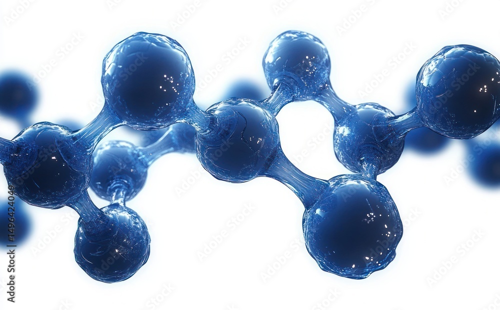 Poster close-up view of a translucent blue molecular structure with interconnected spherical atoms on a whi