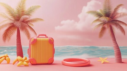 Obraz premium Colorful beach scene with two palm trees, starfish, inflatable ring, and suitcase against soft ocean waves and cloudy pink sky evoking summer vacation vibe