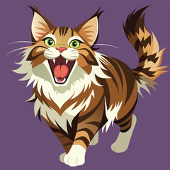 A joyful, long-haired tabby cat with white markings leaps excitedly with its mouth wide open.
