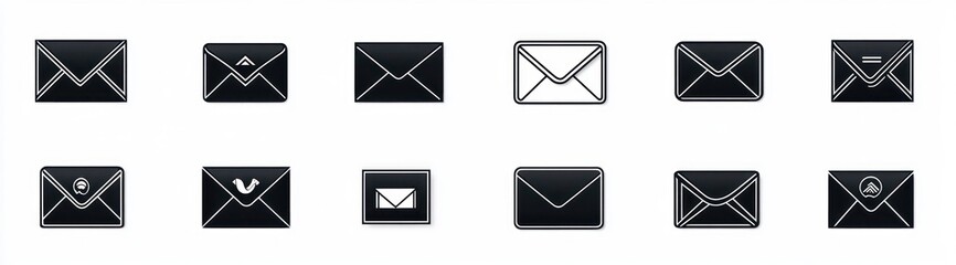 Set of twelve black and white envelope icons with various line styles, shapes, and symbols representing mail and message concepts on a white background