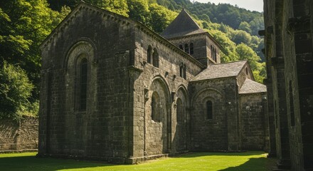 Obraz premium Ancient Abbey in Nature's Embrace: A stone abbey, a symbol of architectural grandeur, stands majestically amidst lush greenery, its timeless beauty blending harmoniously with nature's artistry.