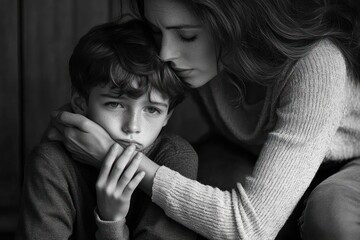 Black and white photograph of a woman tenderly comforting a sad young boy with close embrace expressing care and empathy