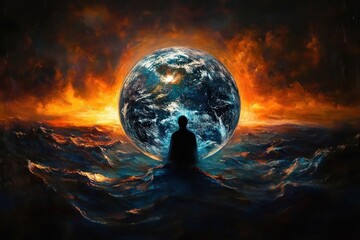 Silhouette of a person sitting in front of a large glowing Earth surrounded by turbulent ocean waves under a fiery orange sky