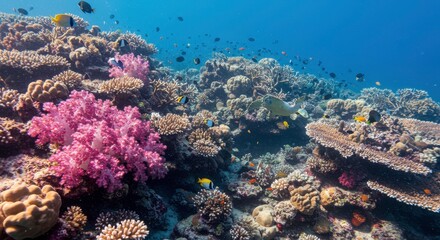 Naklejka premium Underwater Coral Paradise: A vibrant scene of diverse coral formations, teeming with schools of colorful fish in a crystal-clear ocean setting.
