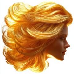 Profile of a woman with voluminous golden blonde hair glowing against a white background, serene expression and soft lighting highlighting the hair texture