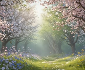 Obraz premium Delicate cherry blossoms, bluebells, and buttercups Vertical banner, spring scene , petals, blue