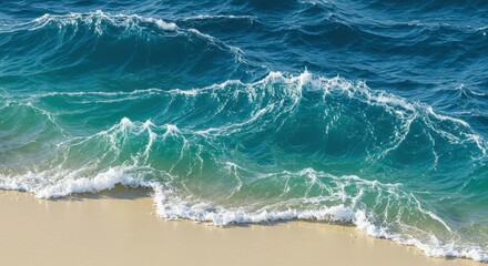 Ocean Waves Crashing on the Shore: The image is a mesmerizing depiction of ocean waves crashing onto a sandy shore. Capturing the rhythmic dance between water and sand.  