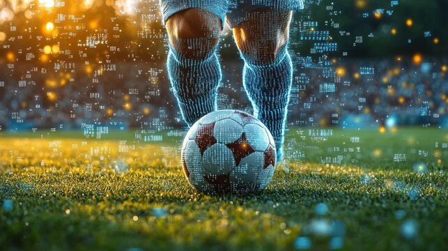 Close-up of a soccer player's legs in striped socks and cleats standing behind a classic soccer ball on a grassy field during a vibrant sunset with a digital data overlay effect
