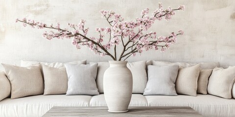 Simple living room with light colored couch and flowers