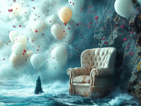 surreal scene of a floating large armchair in churning water surrounded by cream balloons and red rose petals with a cloaked figure standing in the water under a misty sky