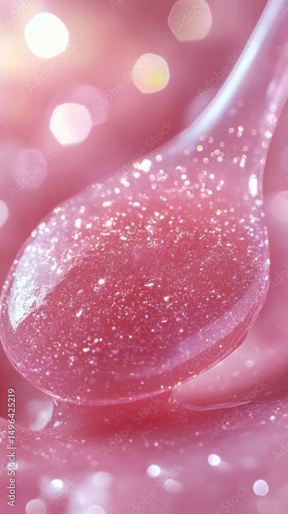 Poster close-up of a spoon scooping pink glittery sparkling liquid with soft glowing bokeh lights in the ba