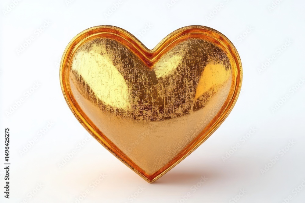 Poster shiny golden heart shape with reflective textured surface on white background