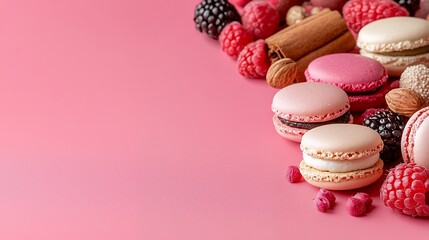 Macarons, Raspberries, Blackberries on Pink Background