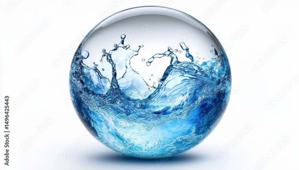 Poster clear transparent sphere filled with dynamic blue water splash creating fluid shapes against a white