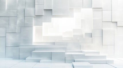 Minimalist white 3D geometric staircase and block structure with soft lighting and shadow gradients creating a modern architectural ambiance