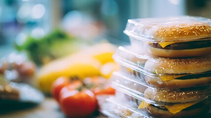 Precariously stacked packaged fast food with blurred fresh produce in background highlighting contrast between unhealthy choices and nutritional risks in modern diet